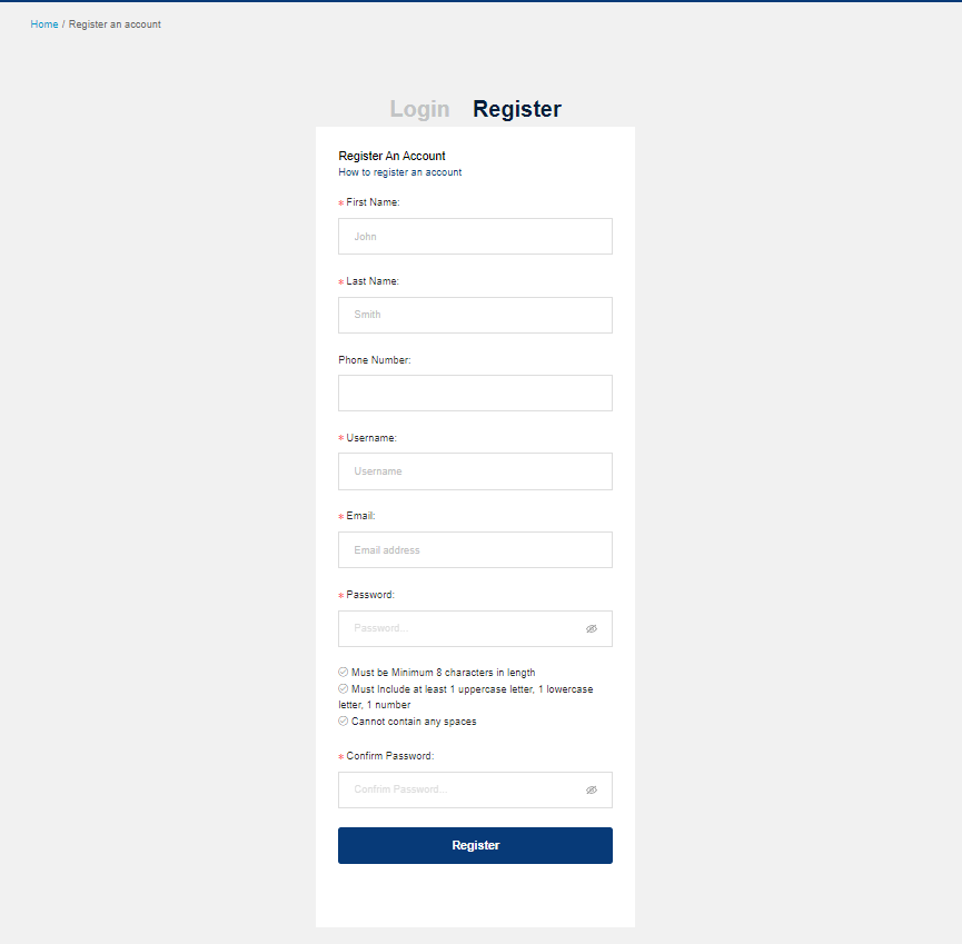 Next, enter your information into the form provided. Any fields marked with an asterisk are required fields. Submit the form by clicking the blue Register button at the bottom of the form.