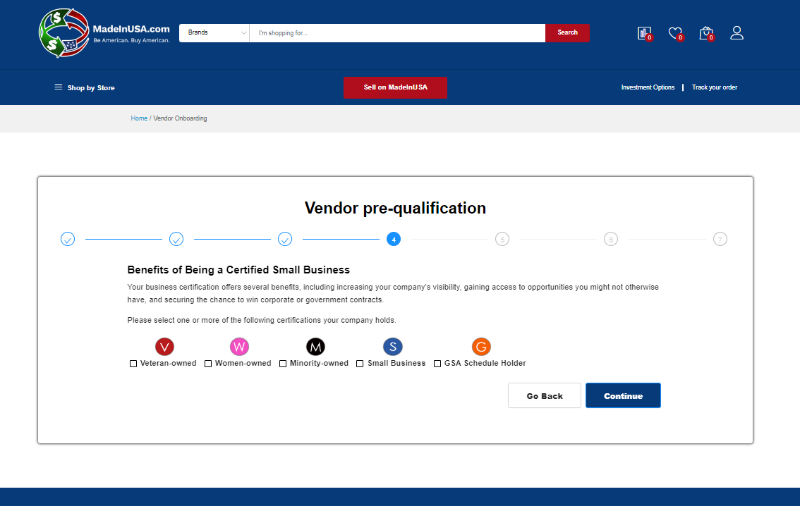 Next, identify any business certifications and sub-classifications that you hold. These icons will display on your store page and each of your products. Click the Continue button to move to the next step.