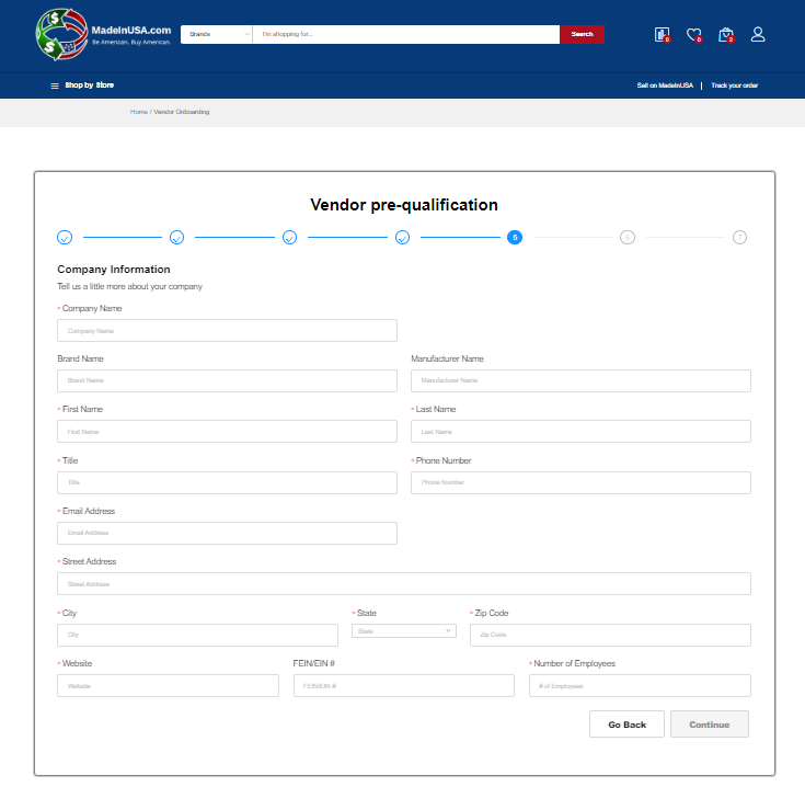 In this step you will provide details regarding your company. This includes your company and brand names, contact information, your website, and the number of employees you have.  Click the Continue button to move to the next step.